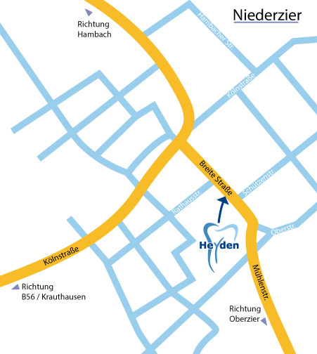 Anfahrtsplan für Niederzier, Breite Straße 21, Praxis Dr. Yvonne Heyden dieses Bild zeigt einen Anfahrtsplan für Niederzier, Breite Straße 21, Praxis Dr. Yvonne Heyden